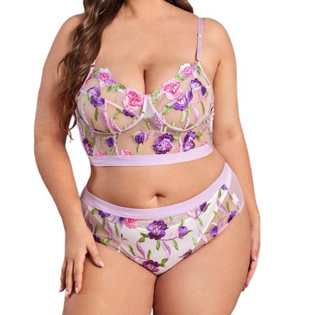 

Plus Size Women\ S Sexy Lace Lingerie Underwear Wireless Plunge Bra Knickers Set