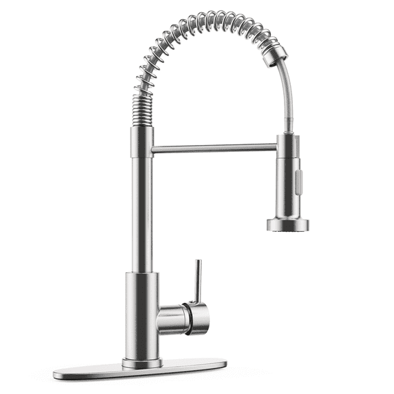 Brushed Nickel High Arc Spring Pull Down Kitchen Faucet, Single Handle RV Sink Faucet with Deck Plate & Supply Lines, Dual Spray Function Utility Bar Laundry Sink Faucet