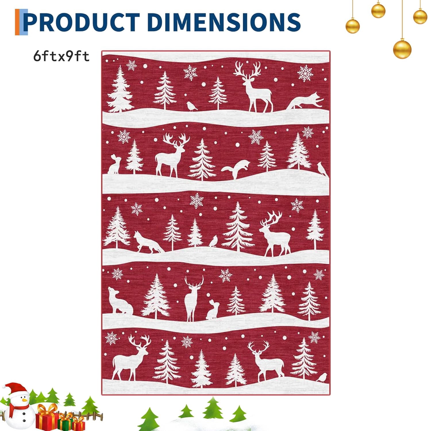 Garvee 6x9 ft Christmas Rug, Washable Non Slip Low Pile Carpet, Xmas Tree Reindeer Snowflake Indoor Rug for Entryway, Kitchen, Living Room, Red