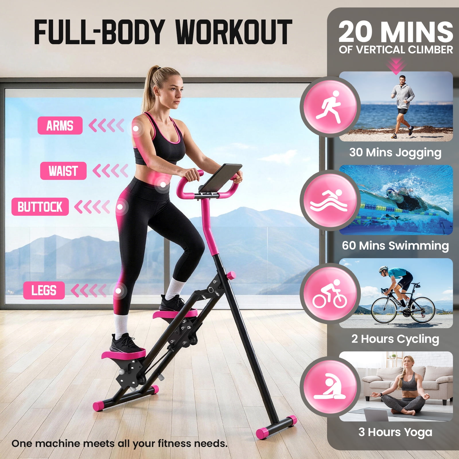 Stair Stepper with 6-Level Adjustable Handrails, 330lb Weight Capacity Stair Climber for Full-Body Exercise, Compact Foldable Step Machines for Home Workouts & Small Spaces, Pink