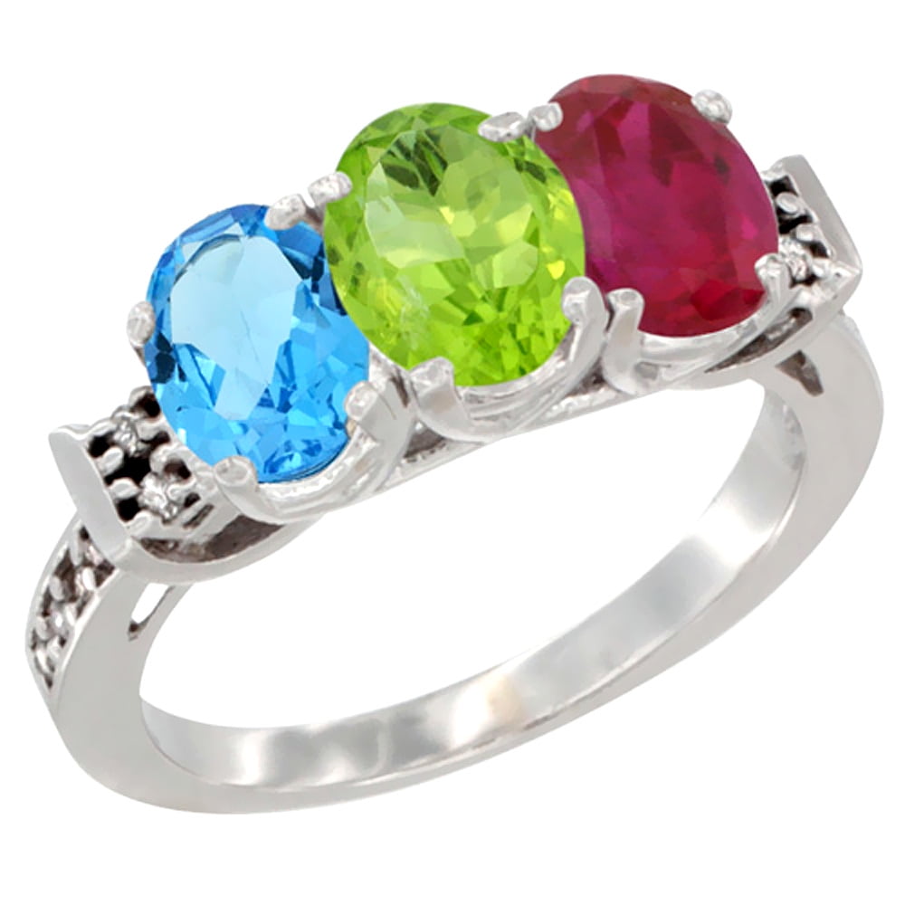 10K White Gold Natural Swiss Blue Topaz, Peridot & Enhanced Ruby Ring 3-Stone Oval 7x5 mm Diamond Accent, sizes 5 10 by WorldJewels