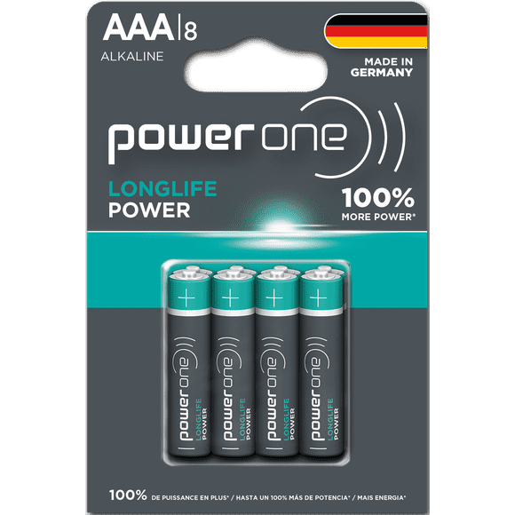 POWER ONE LONGLIFE POWER AAA Battery Pack of 8 Long Performing Alkaline Batteries Made in Germany With Up To 10 Years Shelf Life