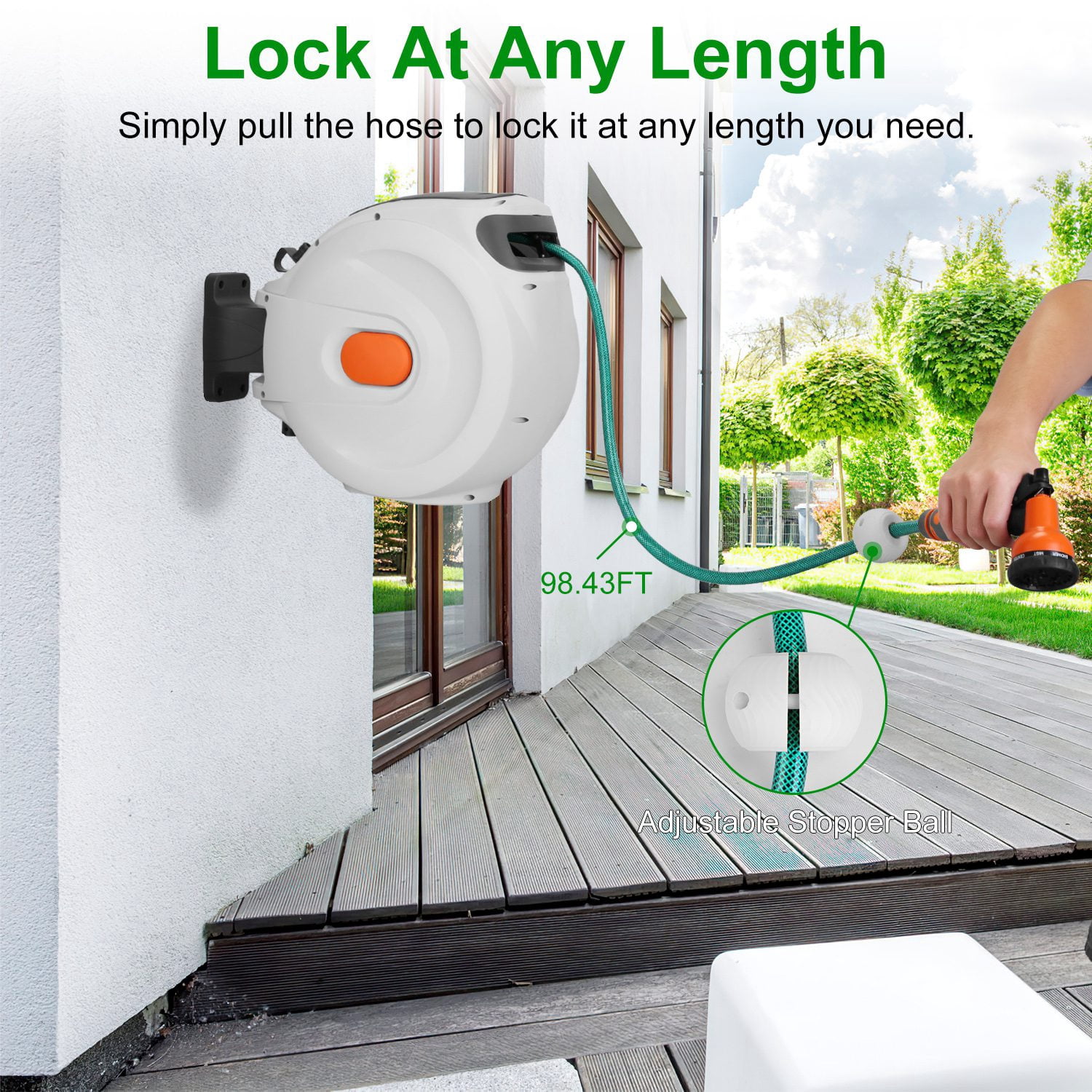 Moclever 98.43ft Retractable Garden Hose Reel, 180° Swivel Wall Mounted Automatic Water Hose Reel with Any Length Lock 8 Pattern Spraying Modes for Lawn Garden, Beige