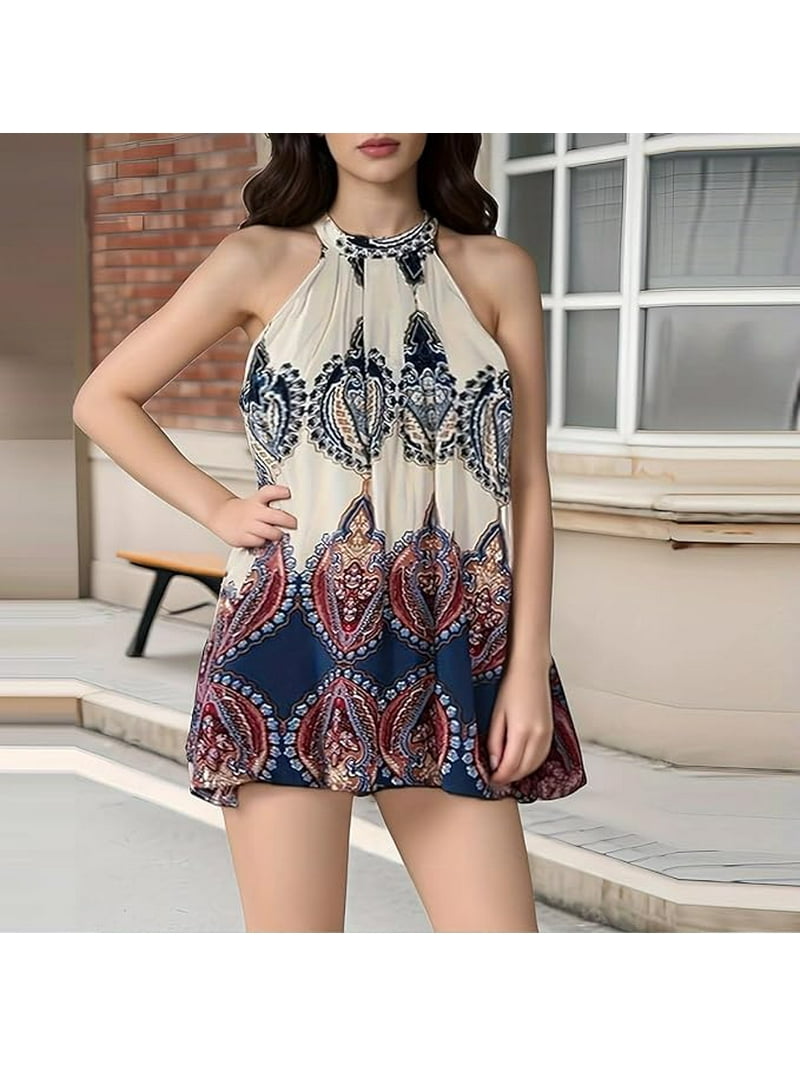 Fox Claw Women's Summer Fashion Dress Hawaiian Beach Party Boho Halter Print Short Skirt, Size: 5XL, Beige