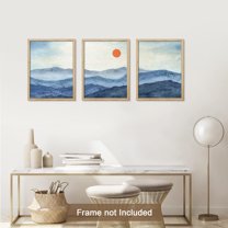 PixonSign Adhesive Canvas Print Wall Art Set - Watercolor Blue Mountain Range & Red Sun Landscape Art - Set of 3 Nature Wilderness Wall Décor for Living Room, Bedroom - 12"x16"x3 Panels Unframed