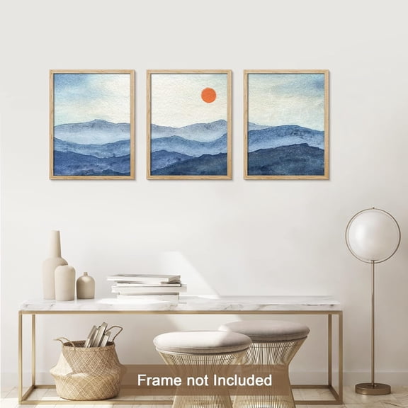 PixonSign Adhesive Canvas Print Wall Art Set - Watercolor Blue Mountain Range & Red Sun Landscape Art - Set of 3 Nature Wilderness Wall Décor for Living Room, Bedroom - 12"x16"x3 Panels Unframed