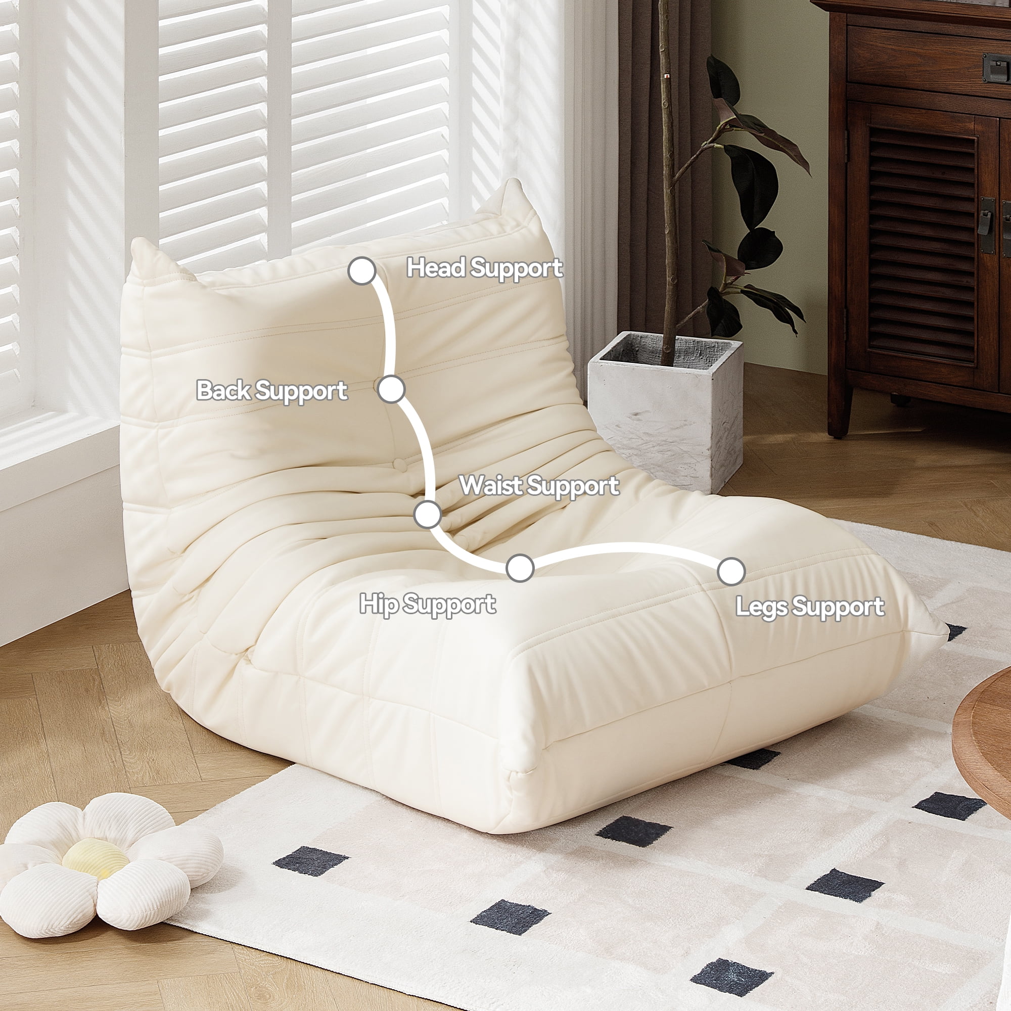 Morden Fort Big Bean Bag Chair for Adults, Faux Leather Bean Bag Sofa, Memory Foam Lounge Chairs with Ergonomic Design, Lazy togo chair for Living Room, Bedroom, Dorm, Office(White)