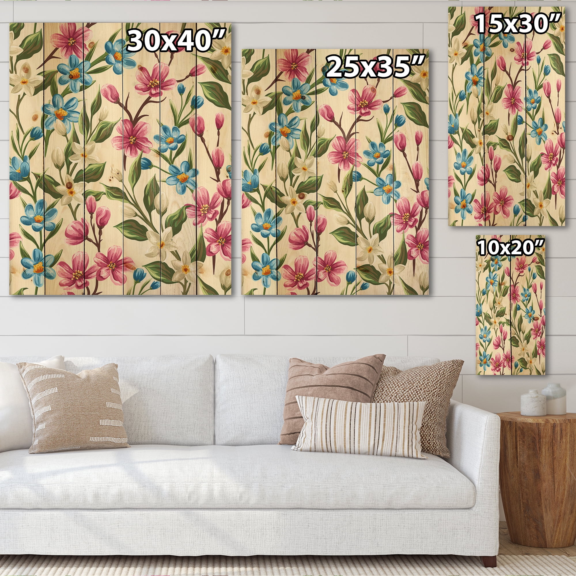 Designart 'Vintage Blue and Pink Wildflowers' Traditional Print on Natural Pine Wood