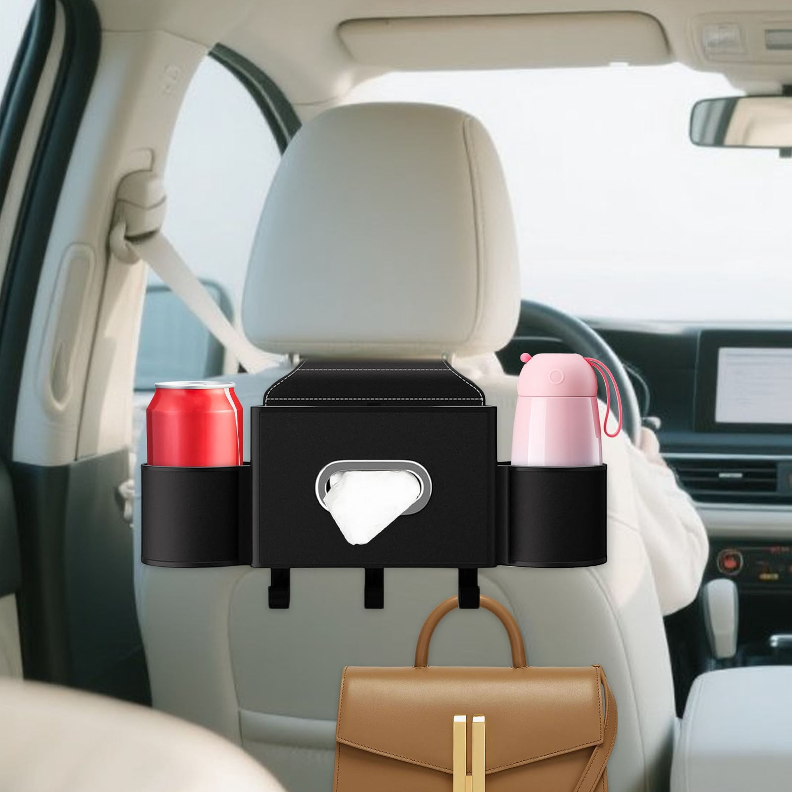 COM1950s Car Seat Organizer with Cup Holders, Backseat Storage Multi-Function Pocket for Tissues, Adjustable Straps for SUV and Vehicle Interior Accessories