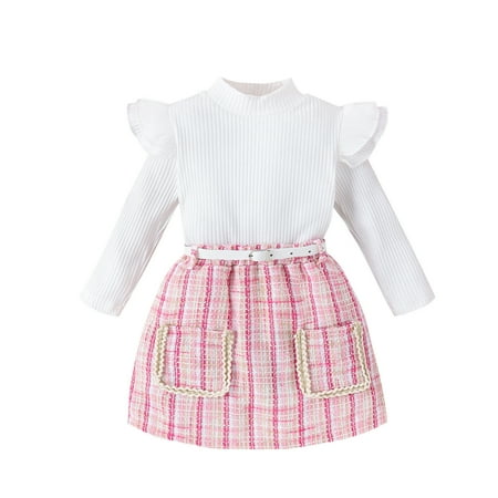 

KBKYBUYZ 6 Months - 5 Years Spring Autumns Short Skirt Set High Round Neck Ruffled Knit Long Sleeved Top Plaid Skirt Belt Three Piece Short Skirt Set On Sale