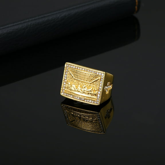 Hip Hop Iced Out The Last Supper Rings Male 14K Yellow Gold Big Square Jesus Christ Rings For Men Religious Jewelry