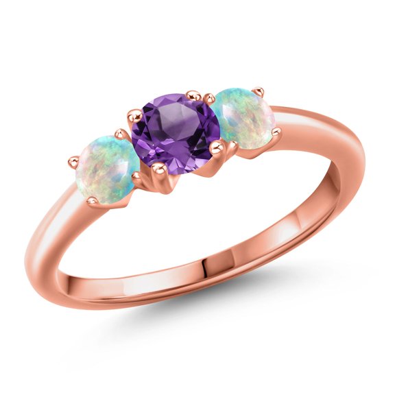 Gem Stone King 18K Rose Gold Plated Silver Purple Amethyst and Simulated White Opal Engagement Ring for Women | 0.98 Cttw | Round 5MM | Gemstone February Birthstone | Size 6