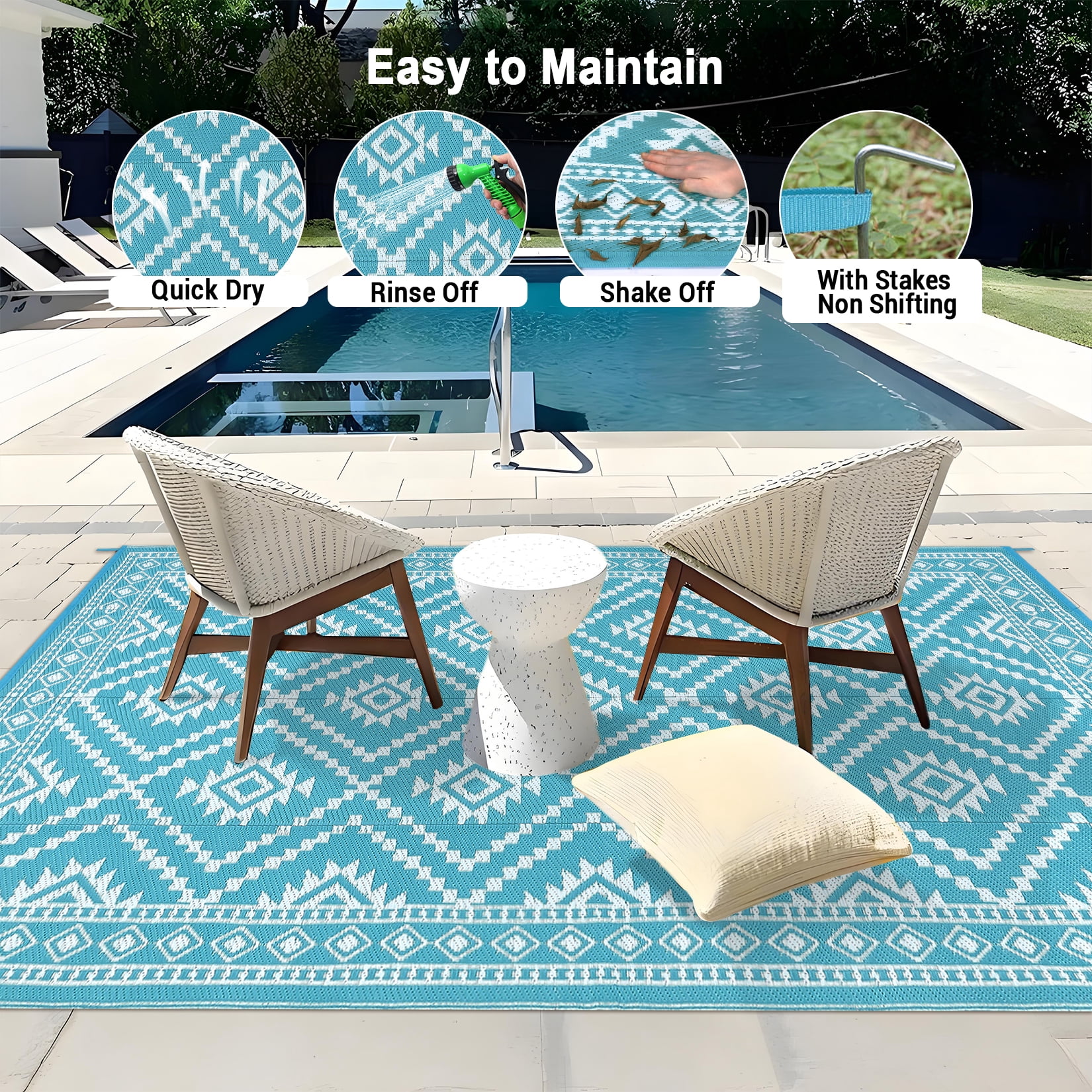 GlowSol 8x10 Outdoor Rug for Picnic Beach Deck-Outdoor Waterproof Patio Rug Indoor Outdoor Boho Geometric Area Rug Reversible Rug, Light Blue/White