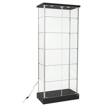Displays2go Full Vision Showcase, Laminated MDF, Aluminum, Tempered Glass – Clear, Black, Silver (173CPLEDBV)