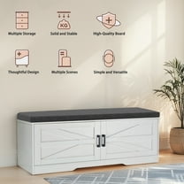 2-Tier Farmhouse Storage Bench with Cushioned Seat, Adjustable Shelves & Barn Doors, Entryway Shoe Bench for Hallway, Living Room, Bedroom, White