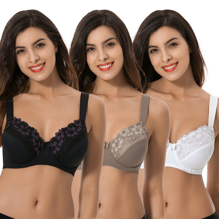 Curve Muse Plus Size Minimizer Underwire Unlined Bras with Embroidery  Lace-3Pack-WHITE,BLACK,BUTTERMILK-42D 