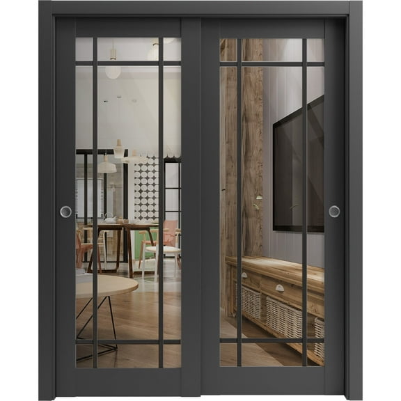 Sliding Closet Bypass Doors 36 x 80 inches | Lucia 2266 Matte Black Clear Glass | Sturdy Rails Moldings Trims Hardware Set | Wood Solid Bedroom Wardrobe Doors