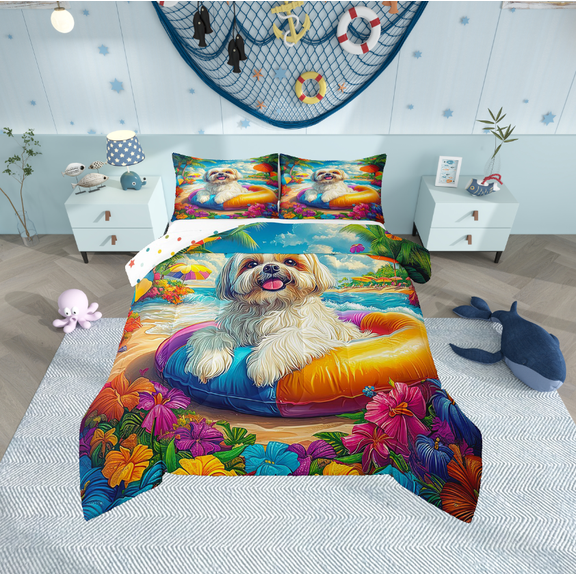 Erosebridal Animal Dog Bedding Twin Comforter Set,Tropical Flower Down Comforter,Ocean Beach Bedding Sets Twin With Comforter,Breathable Teenager Bedroom Decor,Reversible,2-Piece