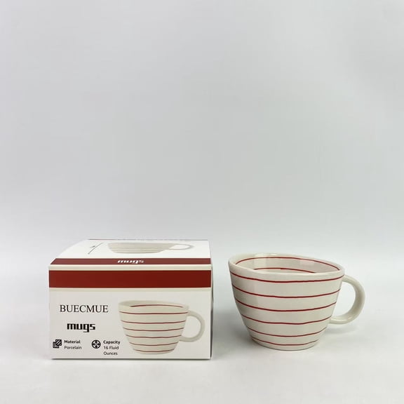 BUECMUE Mugs,Red Stripe Mug 16 oz Terra Cotta Ceramic Cup, Elegant Coffee Mug Drinkware
