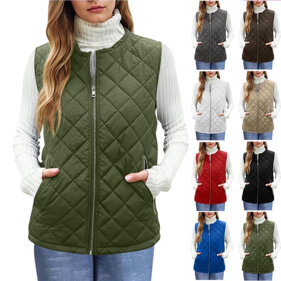Hueook Puffer Vests for Women's Winter Solid Color Side Zipper Pocket Hooded Jacket Jacket Jacket Top Coffee L