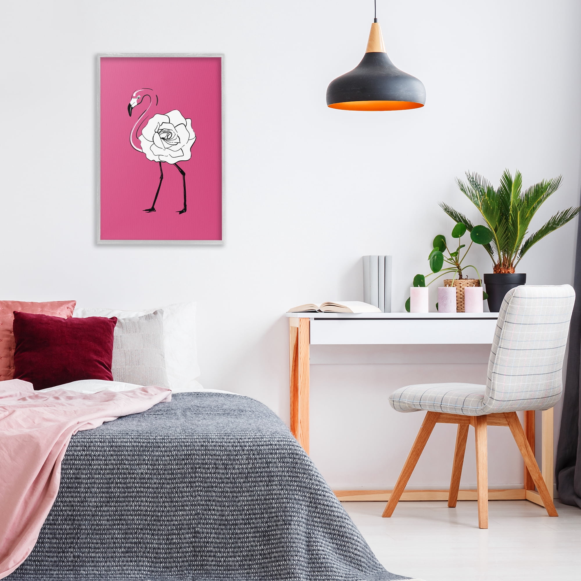Stupell Industries Rose Blossom Flamingo Animals & Insects Painting Gray Framed Art Print Wall Art, 20 x 30