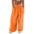 thumbnail image 3 of Womens Casual Loose Fit Wide Leg Cotton Pants Drawstring Stitching Baggy Pants Trousers with Pockets Coral XXL, 3 of 8