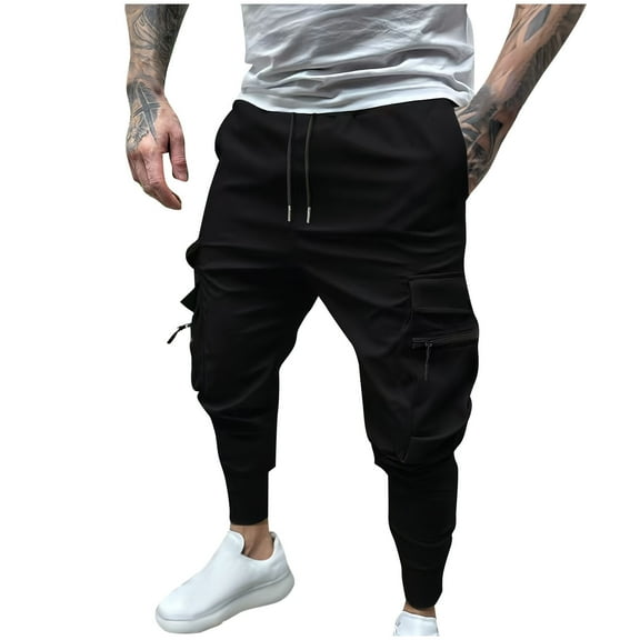 Christmas Gift Ndbuld Men's Casual Cargo Sweatpants Waist Drawstring Joggers Men Elastic Solid Color Zipper Multiple Pockets Foot Binding Elastic Waist Draw Rope Trousers,Black,L