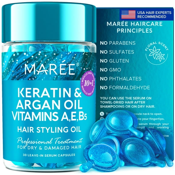 MAREE Aceite para peinar el cabello – Acondicionador sin enjuague para cabello encrespado, seco y dañado – Tratamiento de queratina con aceites de argán, jojoba y aguacate, vitaminas A C E B5 – Aceite