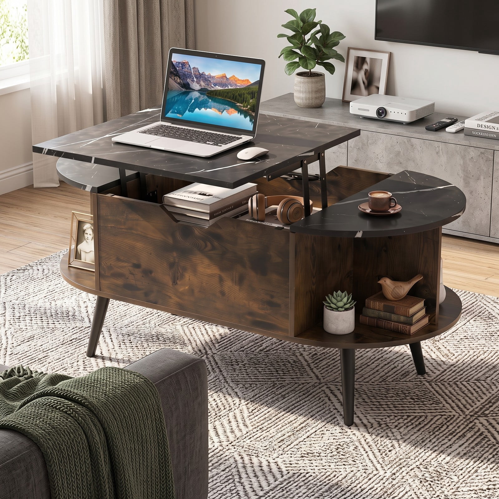 Furnibear Faux Marble Lift Top Coffee Table with Hidden Compartment and Side Shelves, 2-in-1 Rectangle Center Table for Living Room, Engineered Wood & Metal, Black