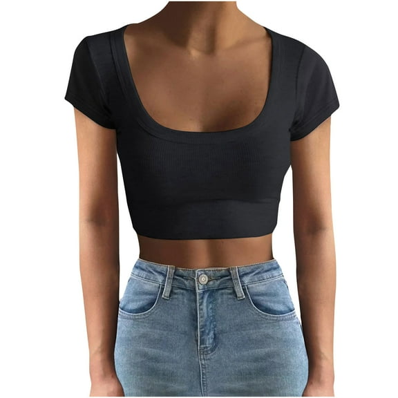 Black S WIZUTIZ Short Sleeve Shirts for Women up to 50% Off Casual Plain Retro Fluffy Tops Solid Oversize Short Sleeve Tshirts Plus Crew Neck Shirts Tunics Trendy Tee Athletic Ladies Tshirt T-shirt
