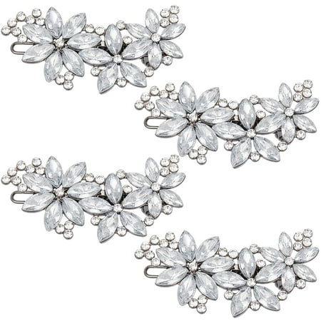 1 Box 4Pcs Rhinestone Flower Hair Clips Hair Barrettes with Crystal Beaded Floral French Hairpins Sparkle Hair Pin Accessories for Women Wedding Party Bridal Bridesmaids Long Hair Gifts