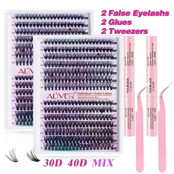 Aliver DIY Lash Extension Kit, 560pcs Individual Lashes Cluster Eyelash Extension Kit, 2PC 30D 40D 9-16mm Mix Lash Clusters with 2PC Lash Bond & Seal Glue   2PC Tweezers