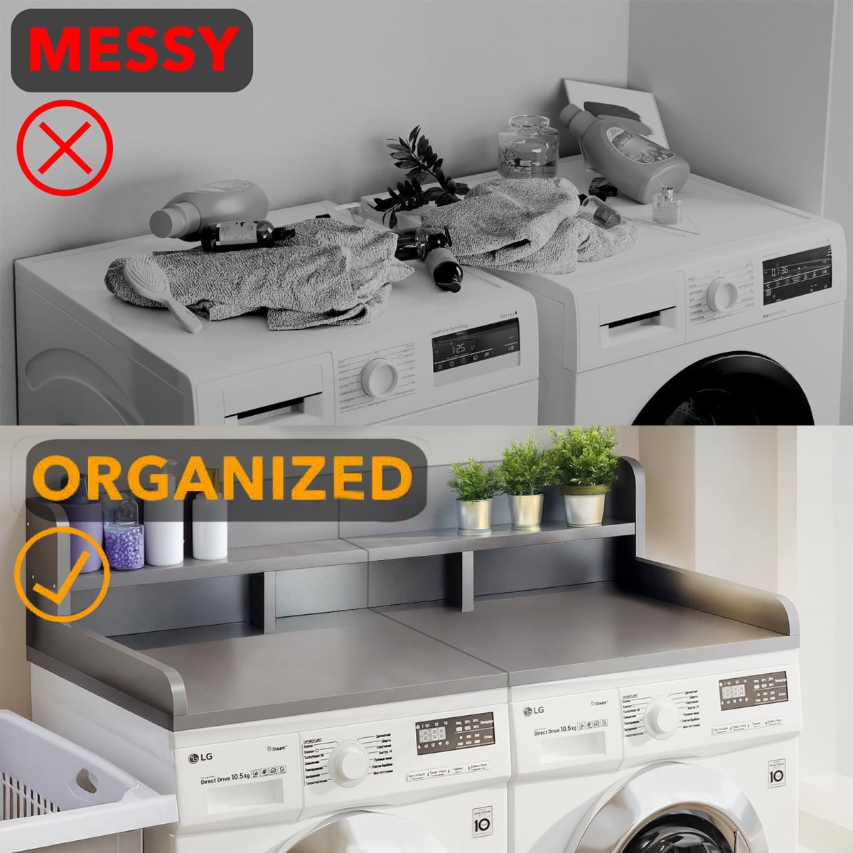 Washer Dryer Countertop 2 Tier Laundry Storage Organizer 54 Inch Wood Topper Gray