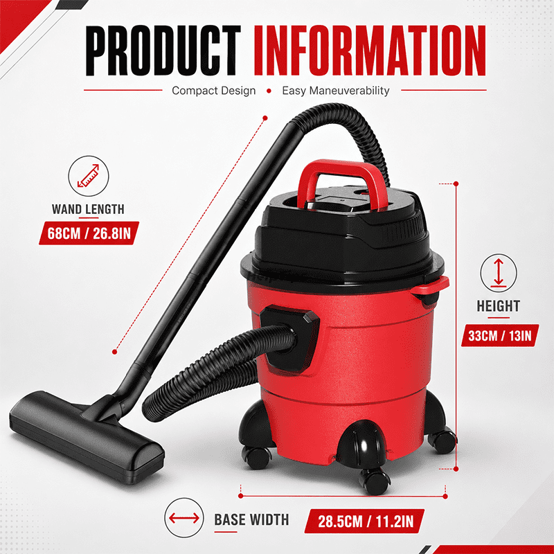 Multi Functional Wet/Dry Vacuum Cleaner with 4m Extended Power Cord,1.6HP Powerful Suction, Lightweight Portable Bucket Design, Ideal for Cars, Home, Garage, Workshop, Pet Hair and Hard Floors