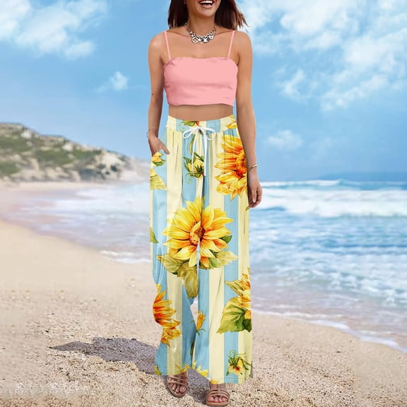 Women Wide Leg Pants Casual High Waist Floral Palazzo Pants for Women Flowy Trendy Lounge Boho Beach Trousers Pockets Blue S