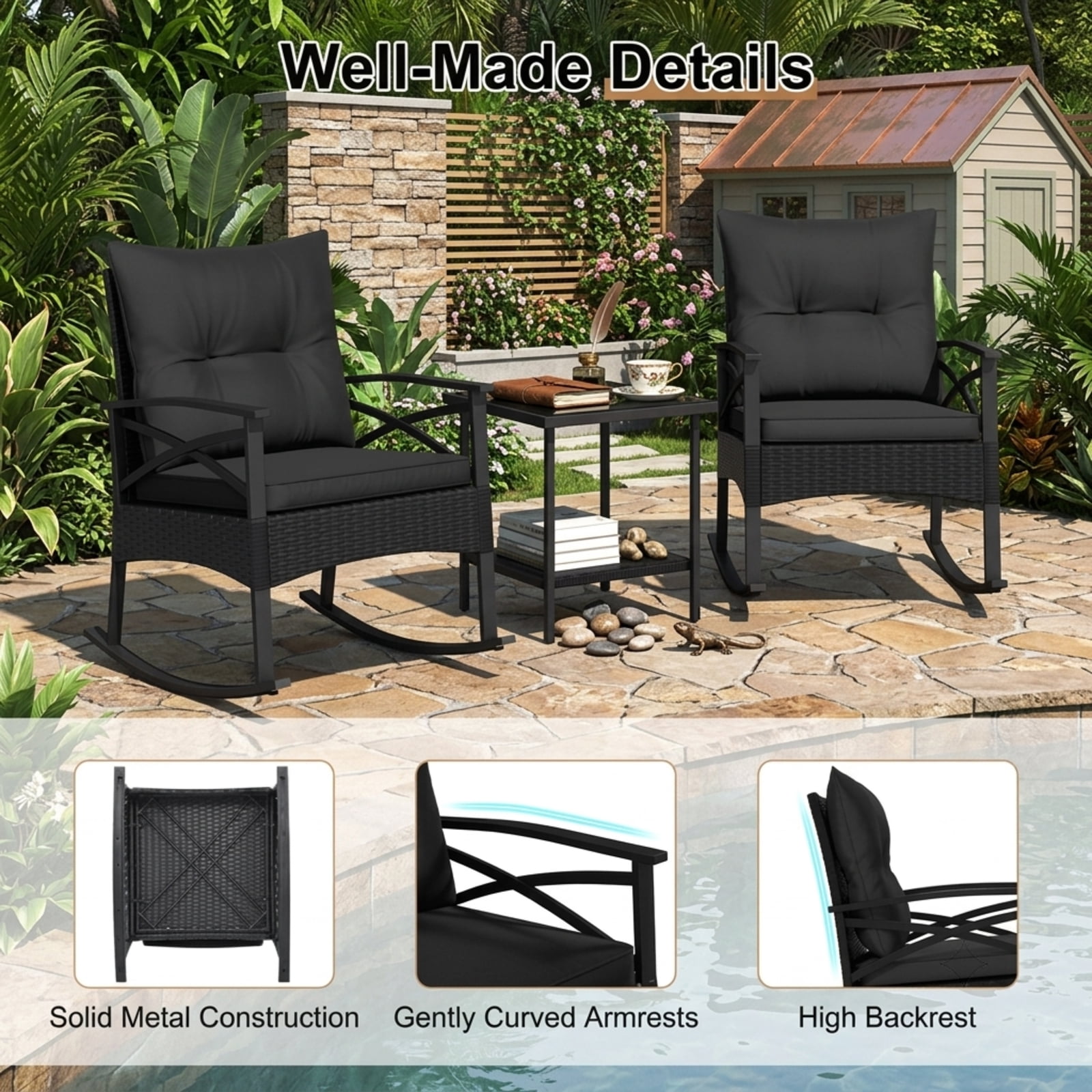 Furnibear Outdoor Rocking Chair for Lawn Patio Backyard Outdoor Metal 100 lbs Capacity Black Weather-Resistant Outdoor Furniture