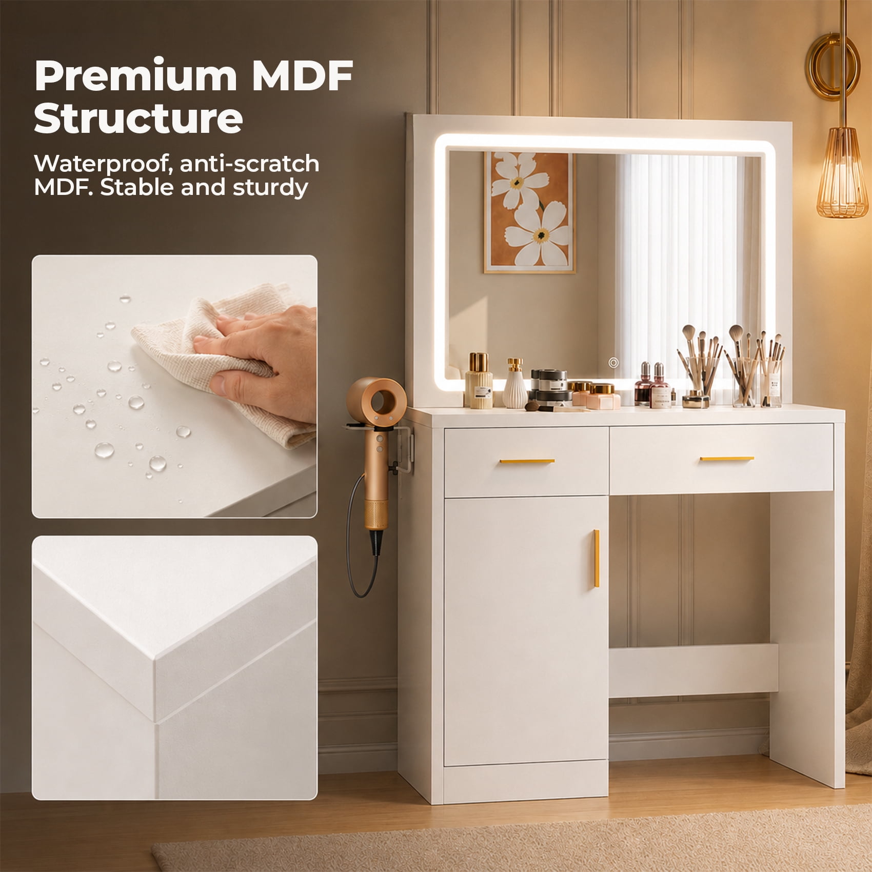 Alvantor Makeup Vanity Desk with Glass Top & LED Mirror, Adjustable Lighting, Storage Drawers, White