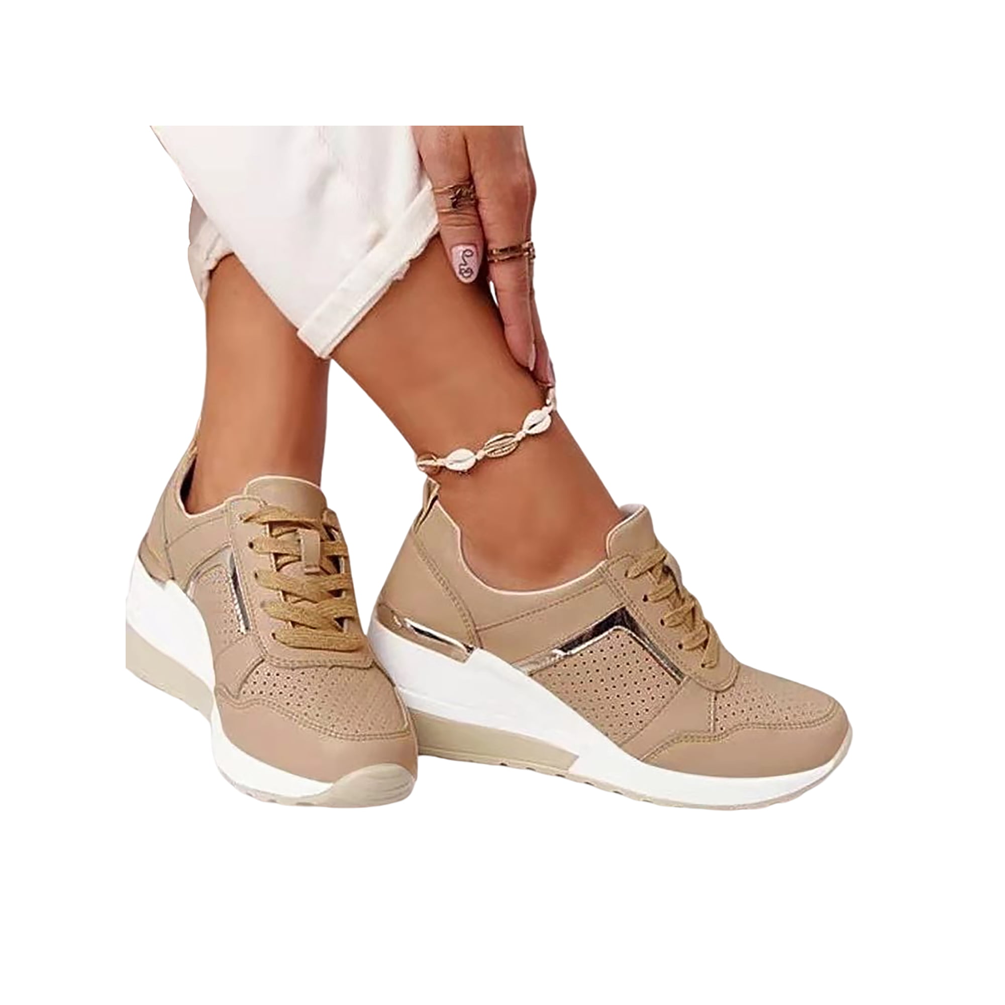 Gomelly Womens Hidden Wedge Sneakers High Heeld Lace Up Lightweight Shoes 8.5 Khaki - Walmart.com