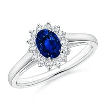 ANGARA Natural Princess Diana Inspired Blue Sapphire Ring with Diamond Halo in 14K White Gold for Women (Size-6x4mm) | September Birthstone, Anniversary Jewelry Gift for Women | Natural Sapphire Ring