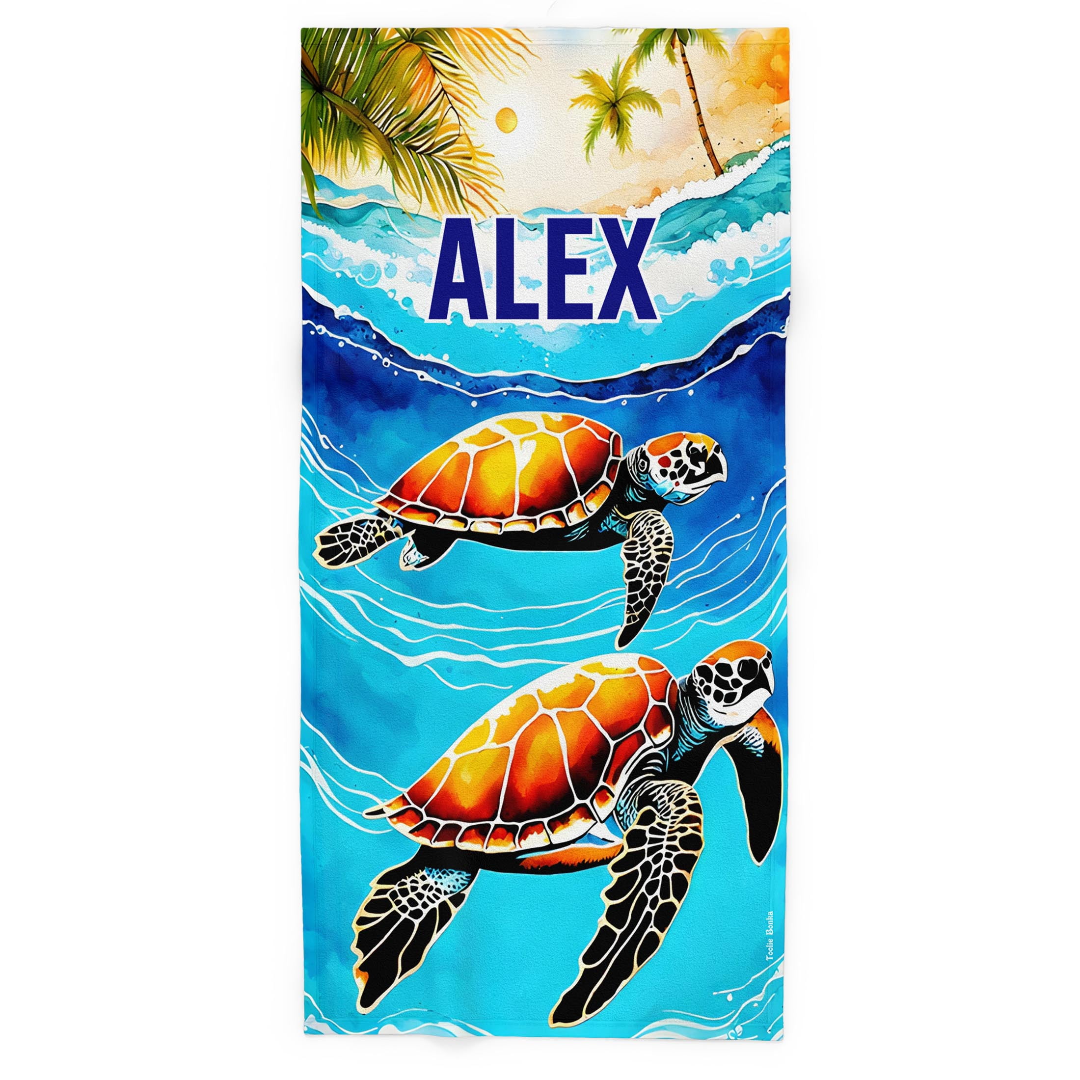 Toolie Bonka Personalized Tropical Sea Turtle Beach Towel for Boys, 30×60 Dual sided Polyester & Cotton gift towels for kids