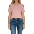 thumbnail image 2 of gbyLJF Womens Cold Shoulder Tops Solid Color Short Sleeve Round Neck Summer T Shirts Loose Casual Basic Tees, 2 of 6