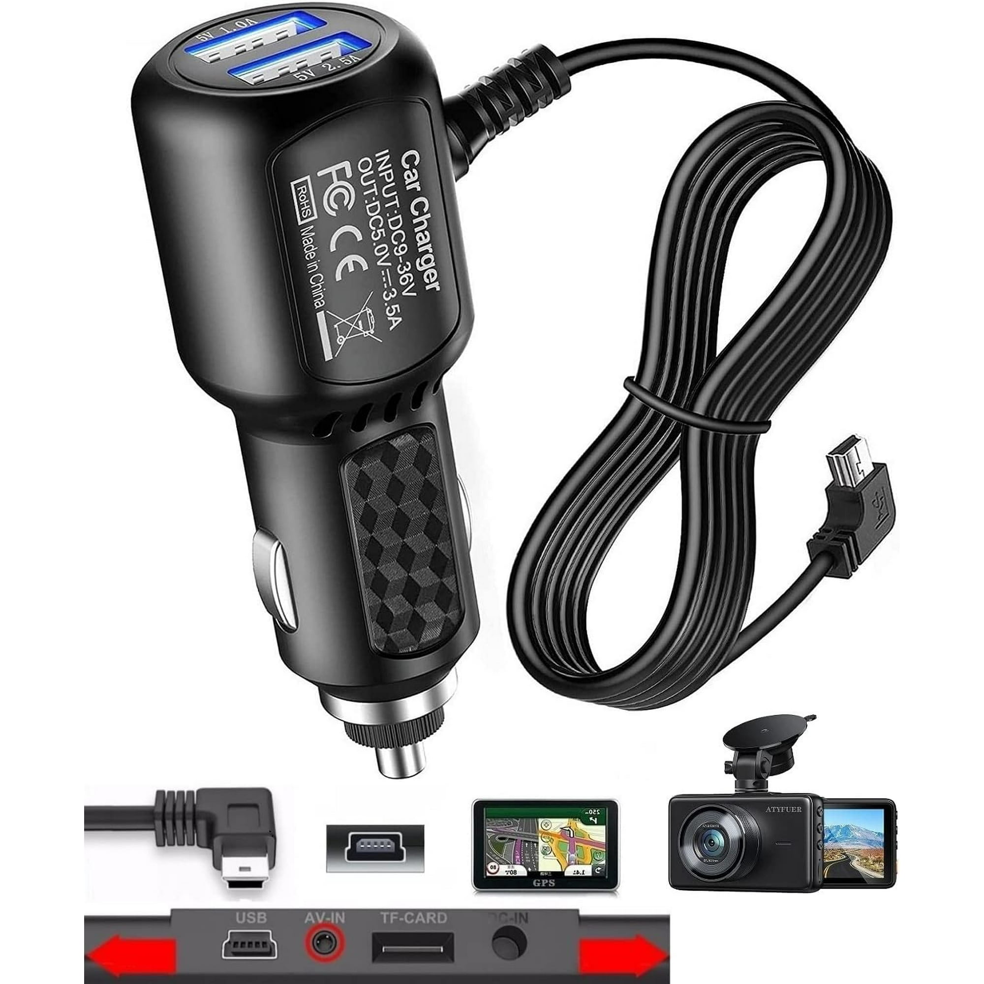 Dash Cam Charger Cable - Mini USB, 11.5 Ft, 12V-24V Car/Truck, 5V 2A Output, Right Angle
