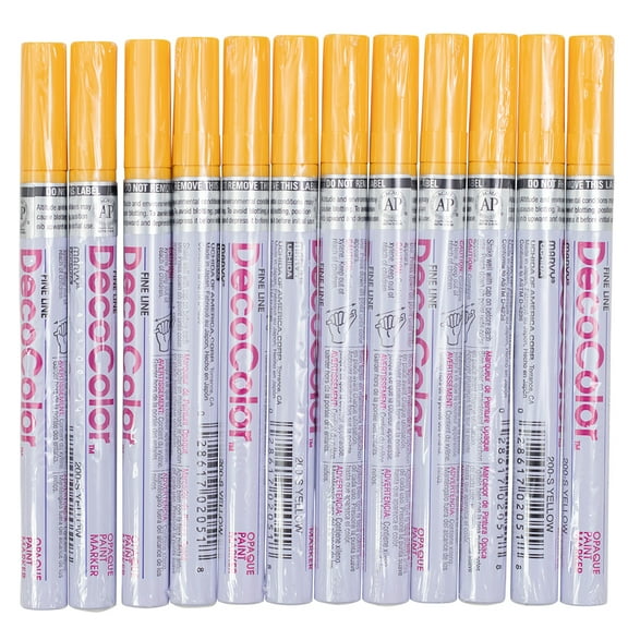12 Pc Set Yellow Decocolor Fine Line Point Oil Based Glossy Opaque Paint Marker Pens on Metal Stone Glass Wood for Industrial Art Auto Trade