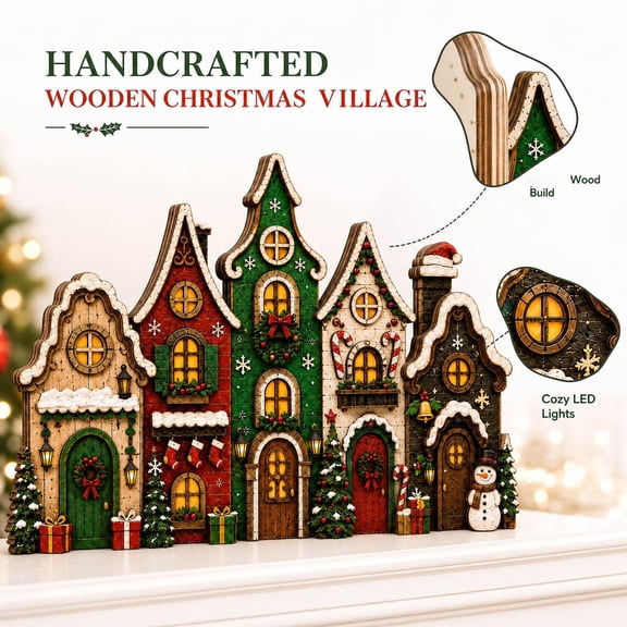Christmas Village Houses Decoration with Cozy Led Lights and Handcrafted Wood Build, 1 Set, Multicolor Vintage Design, for Mantel Display, Festive Home Decor