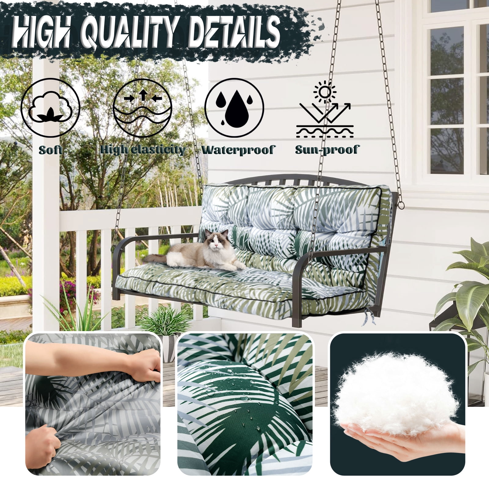 Replacement Cushions for Outdoor Swing, Swing Replacement Cushions Thicken 4" with Backrest, Waterproof Bench Cushions for Patio Furniture Porch Swing Cushions (Bamboo Leaves)