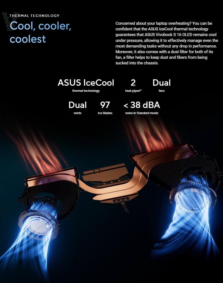 ASUS Vivobook S16 16″ OLED Laptop – Intel Core Ultra 9 285H Beat AMD Ryzen 9 8945HS, 32GB RAM| 512GB SSD, 2880×1800 DCI-P3 100%, RGB Backlit Ketboard, Windows 11, Business AI Copilot PC