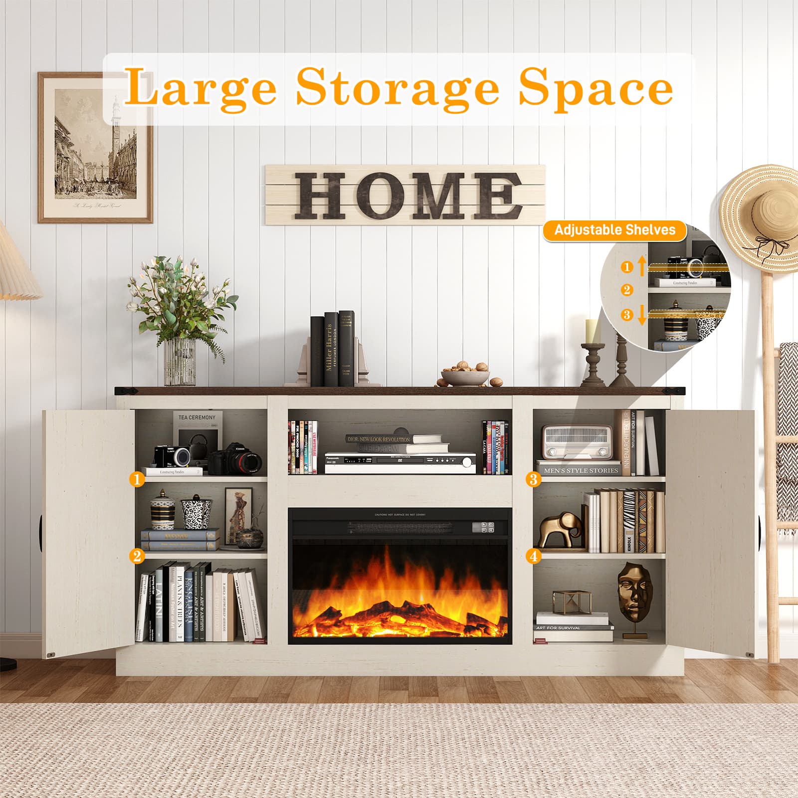 Blotout Farmhouse Fireplace TV Stand for TVs up to up 75" TVs, 66" Entertainment Center with with 26" Electric Fireplace & Adjustable Shelves for Living Room Bedroom