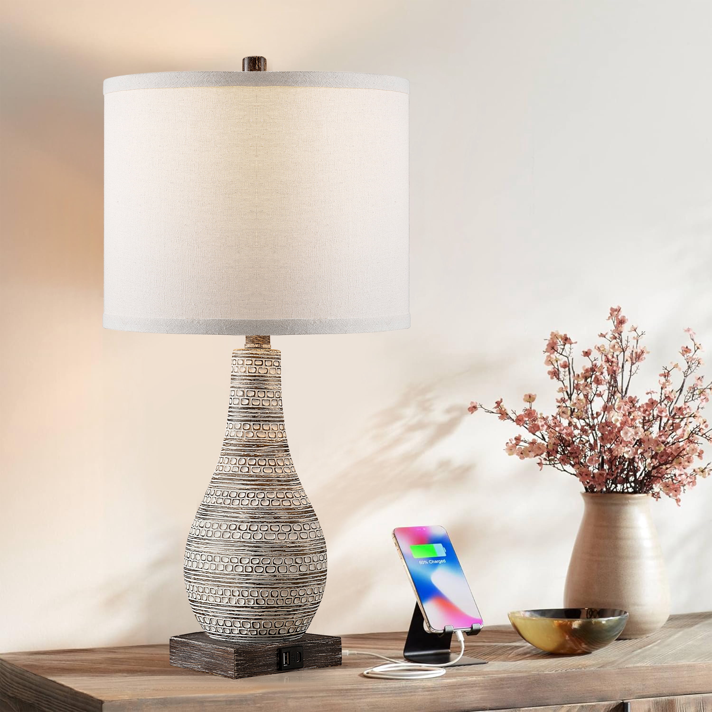 Kyrid 24'' Farmhouse Table Lamps Set with USB & NightLight, 3-Way Touch Control Table Lamps Set of 2 for Living Room (Bulbs Included)