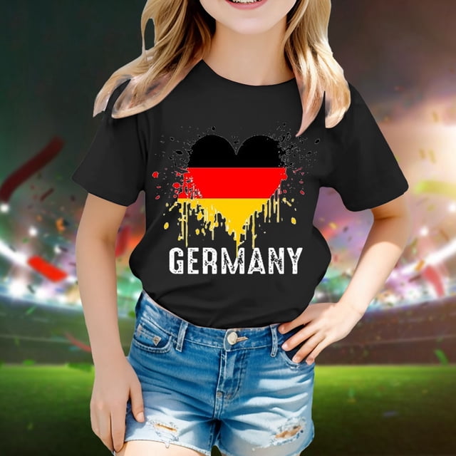 T-shirts de Mode pour Enfants, Imprimé Stylé du Drapeau de l'Allemagne, Manches Courtes, Col Rond, Chandail de Base pour Filles