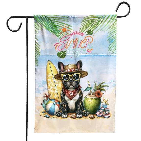 French Bulldog Hello Summer with Sunglasses and Surfboard Tropical Vibes Garden Flag 12x18in Double Sided Dog Lover Gifts Outdoor Decor - 00007